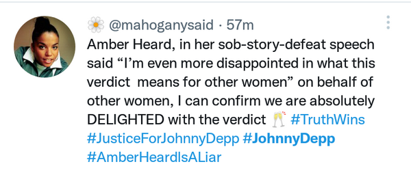 Tweet in response to Amber Heard and Johnny Depp defamation lawsuit