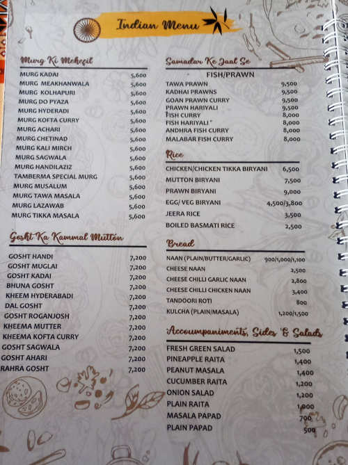 Tamberma restaurant Indian food menu 