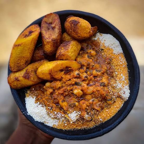 food combinations - a combination of garri and beans with plantain