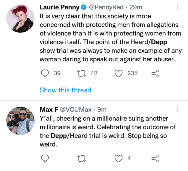 Tweet in response to Amber Heard and Johnny Depp defamation lawsuit from Laurie Penny